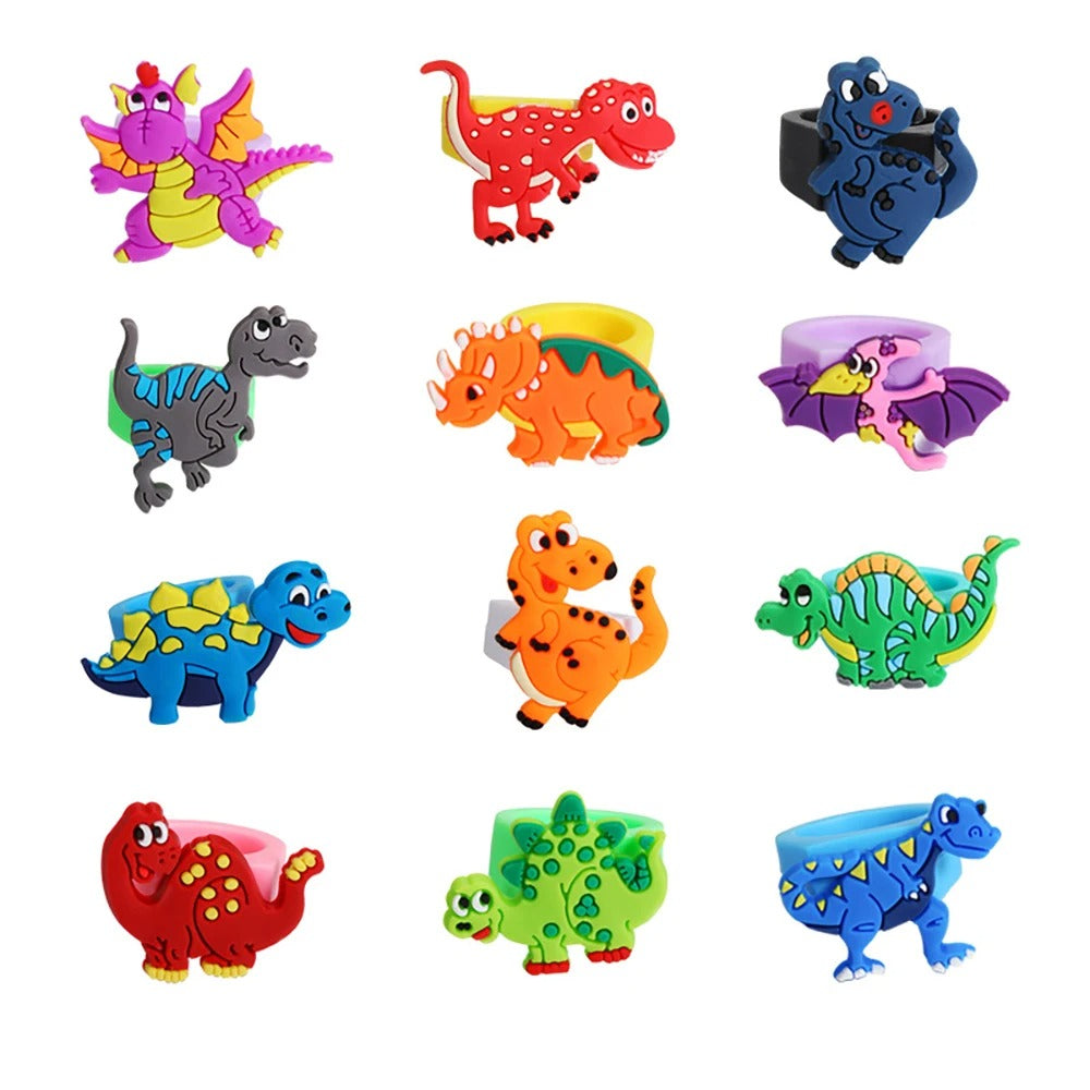12pcs Cartoon Dinosaur Rubber Rings Soft Dino Ring Kids