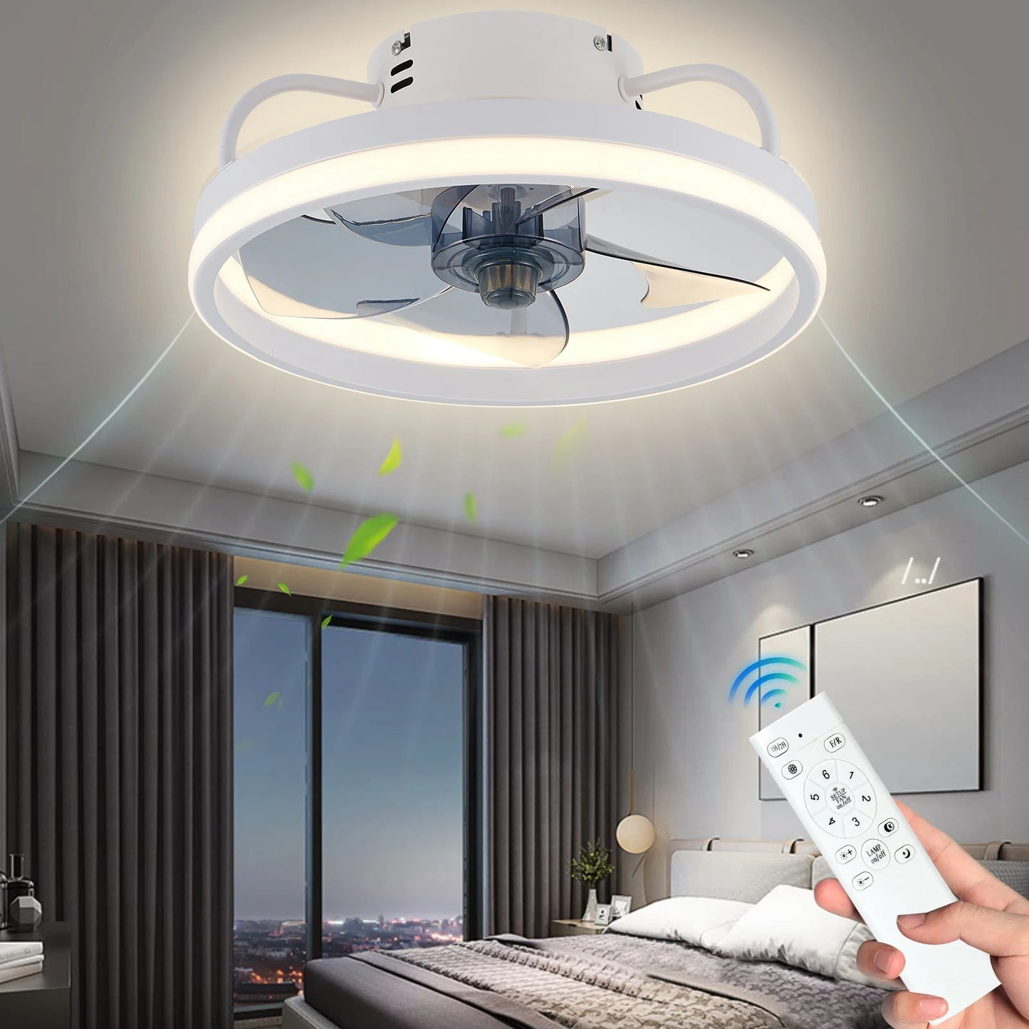 Modern LED ceiling fan with adjustable two-way blade timer and remote control tri-color