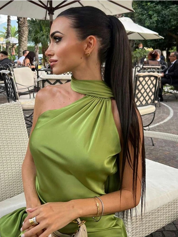 Sexy Satin Ribbon Party Dress Women Elegant Halter Backless