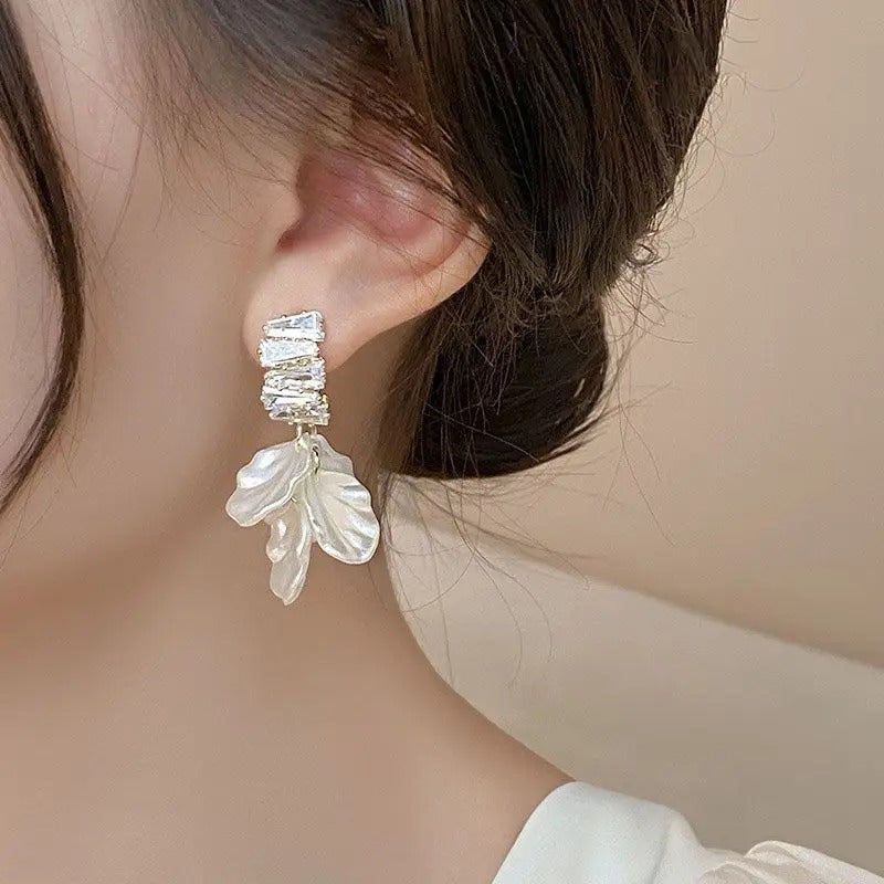 White Shell Flower Petal Drop Earrings for Women