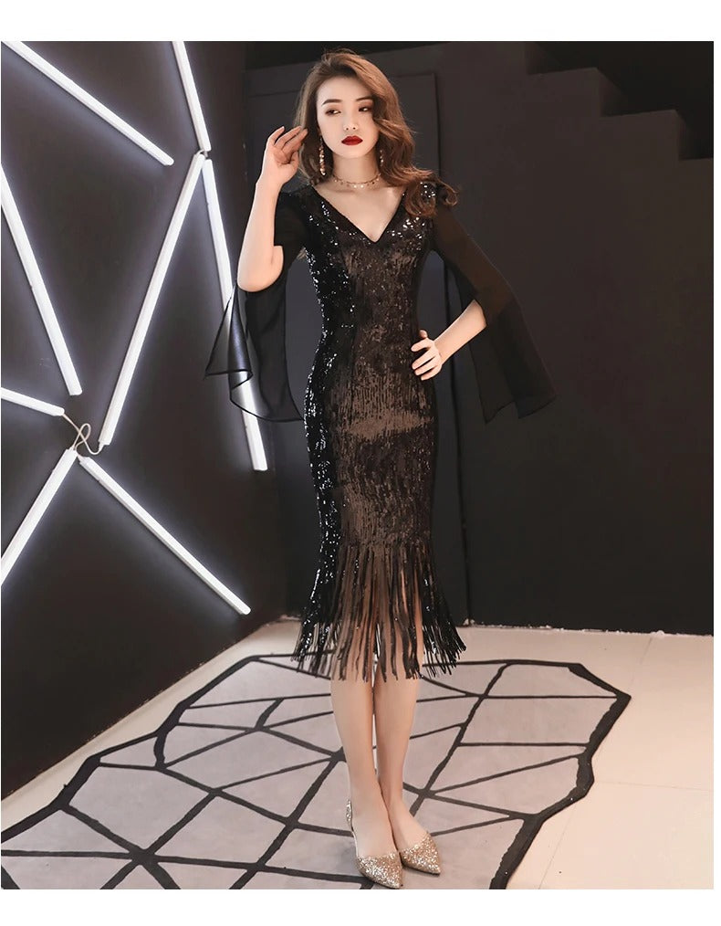 Party 2024 New Women's Black Sequin Dress Elegant Long Chifon