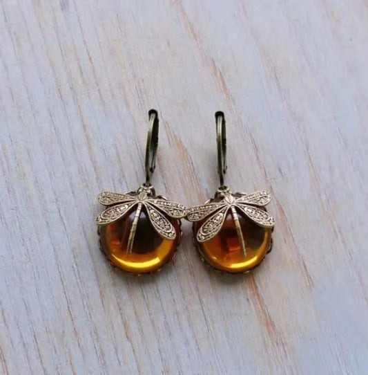 Vintage Bronze Dragonfly Earrings Fashion Gold Color Metal