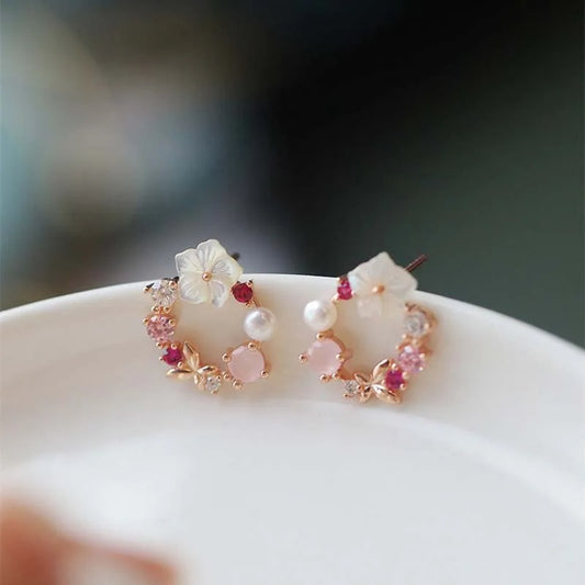 Pink Crystal Flower Pearl Butterfly Ear Studs