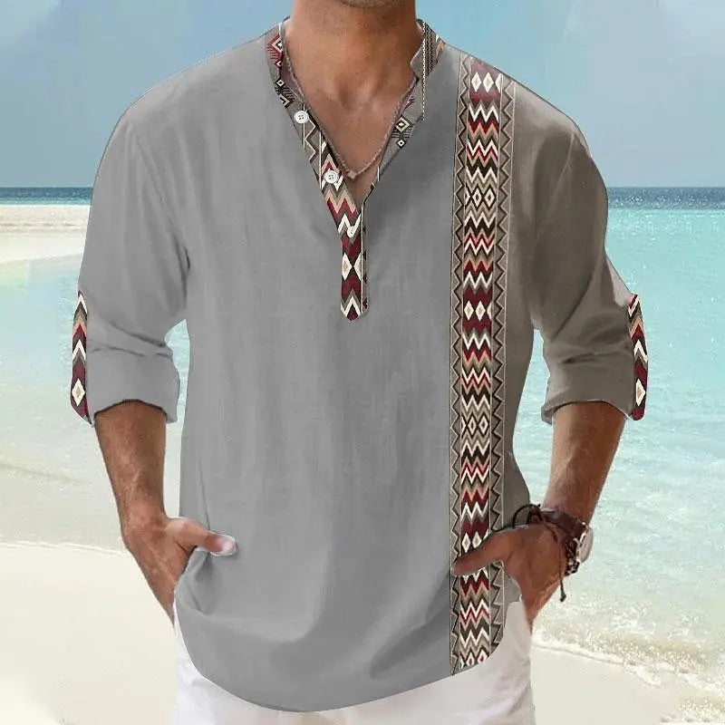 Autumn Henley Shirts Ethnic Style 3D Print Tops Blouse Men's