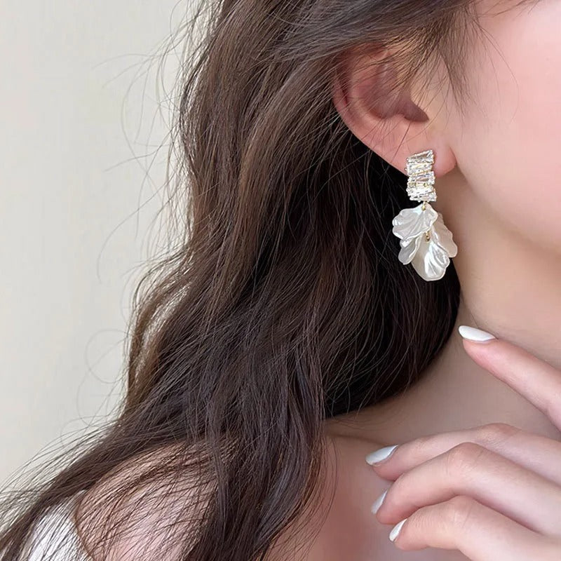 White Shell Flower Petal Drop Earrings for Women