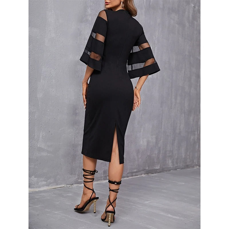 Round Neck Solid Pullover Splicing A-line Skirt High Waist Dress