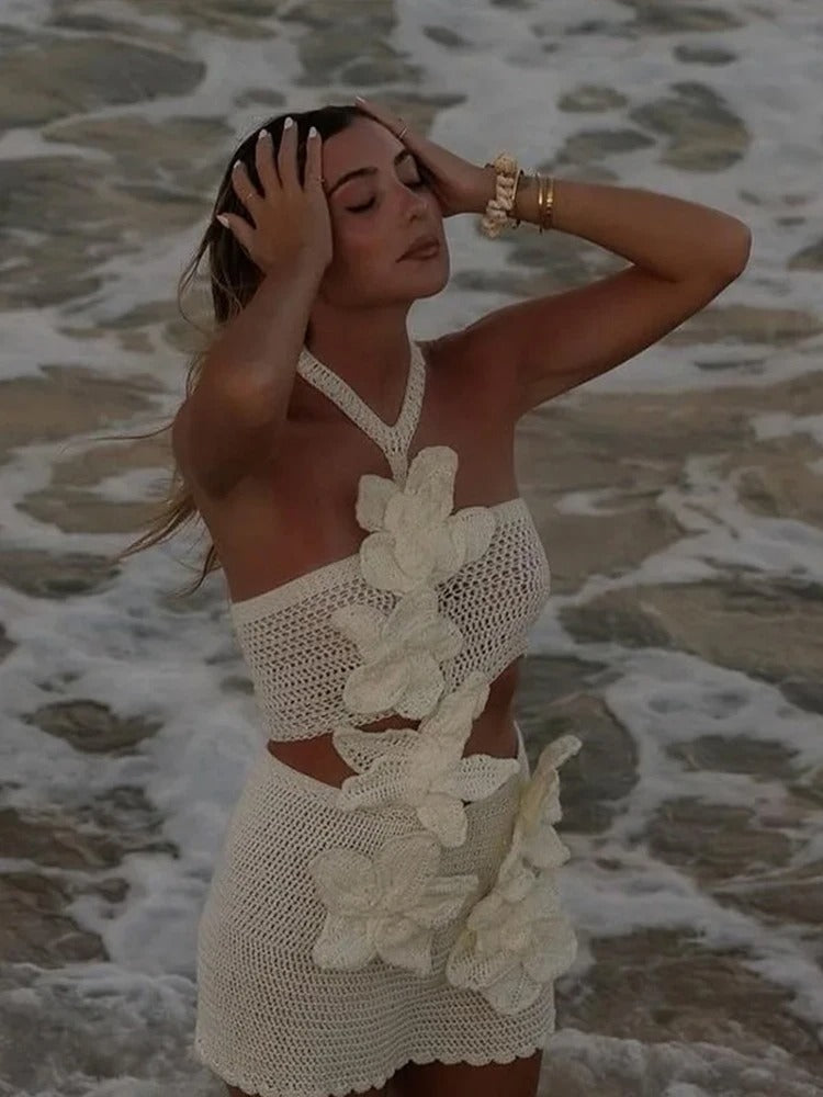 Knit 3D Flower Women Mini Dress Sexy Hollow Out Sleeveless