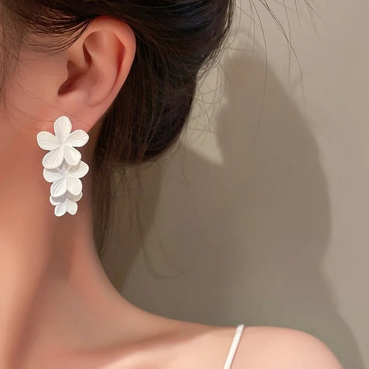 Metal Flower White Painting Women Drop Earrings