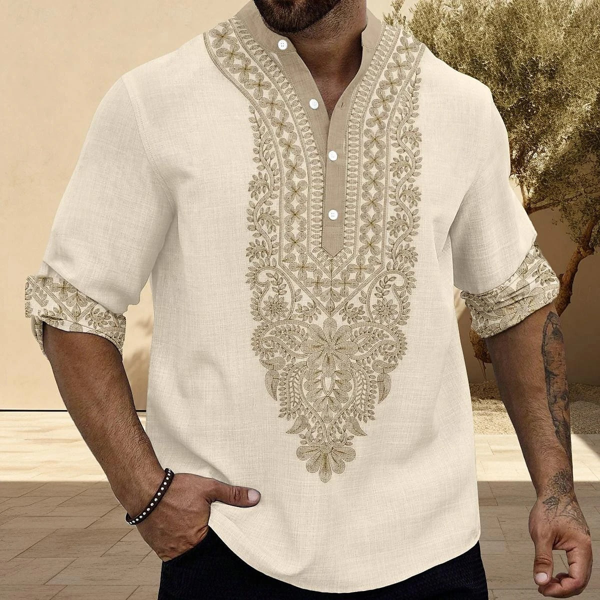 Autumn Henley Shirts Ethnic Style 3D Print Tops Blouse Men's