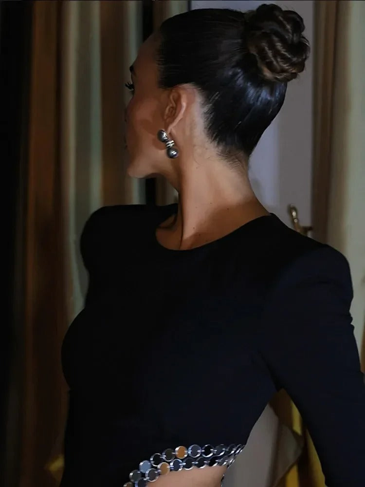 Elegant Sequin Shoulder Pad Black Long Dress For Women