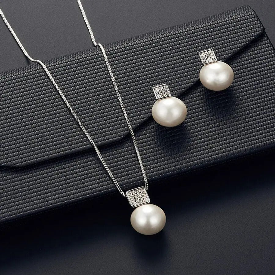2 PCS Imitation Pearl Pendant Women Necklace Earring