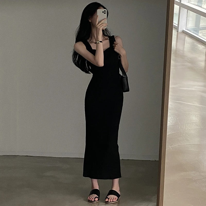 Basic Knit Long Dress Korean Fashion Square Collar Sleeveless