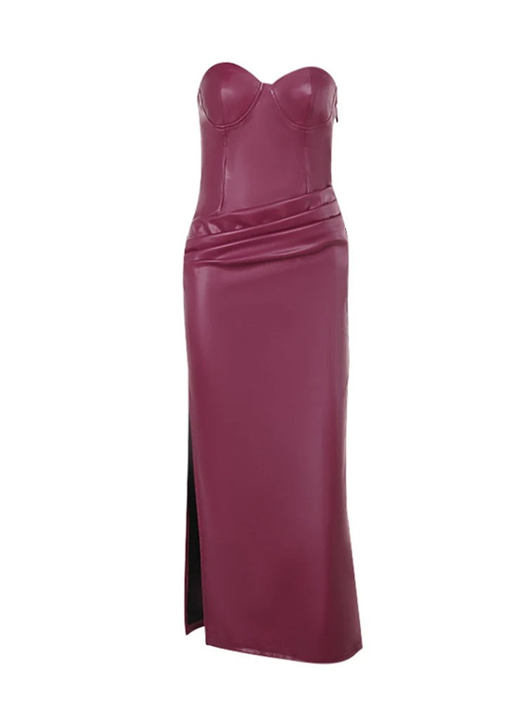 Slim Bra Midi Dress Women Vintage Leather Zipper Sleeveless