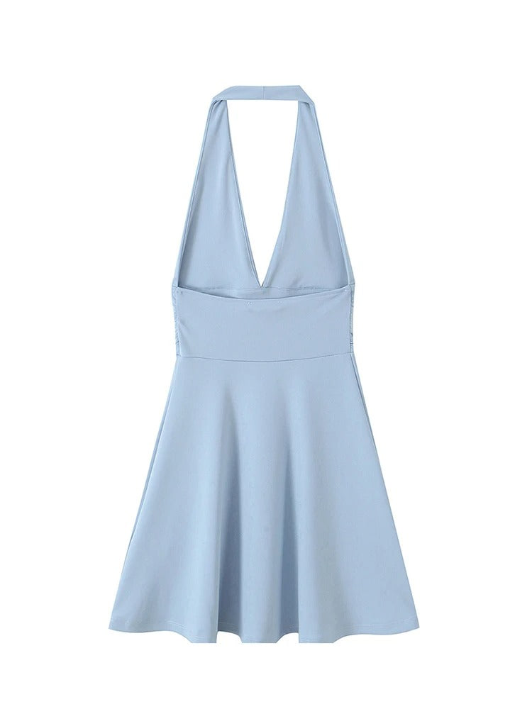 Women Fashion Gathered Mini Dress Halter Neck Backless