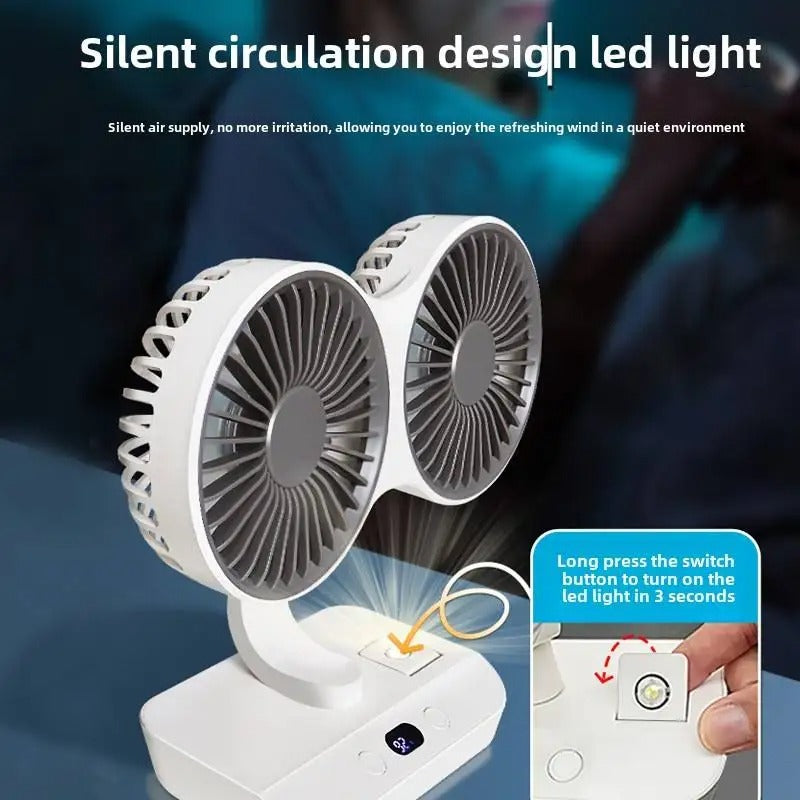 New Double Head Desktop Fan 4-Gears Wind Fast Cooling Digital Display 8000mAh