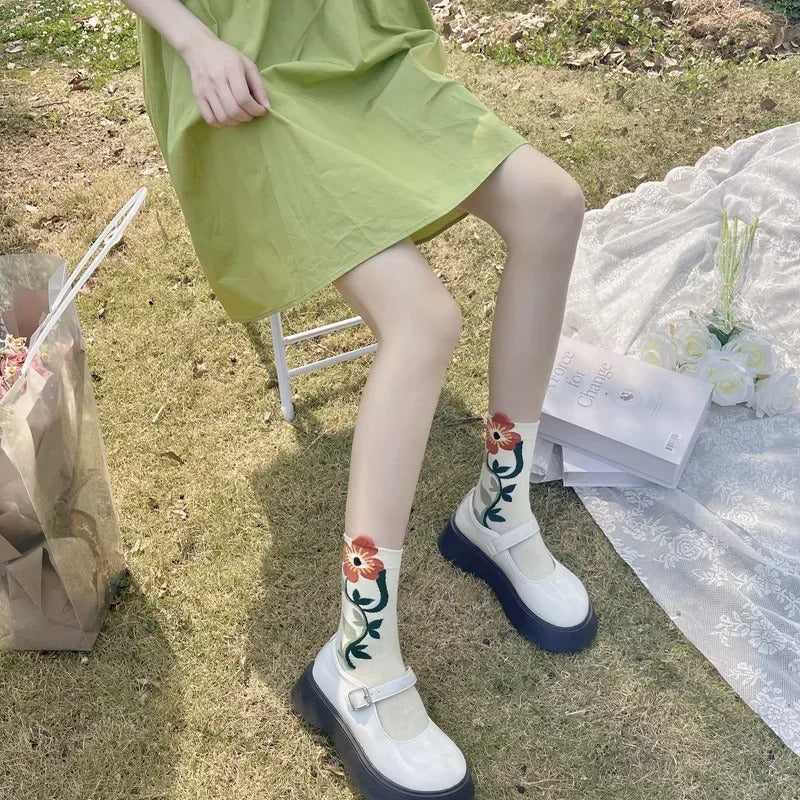 Women Socks Korean Japanese Style Cartoon Green Flower