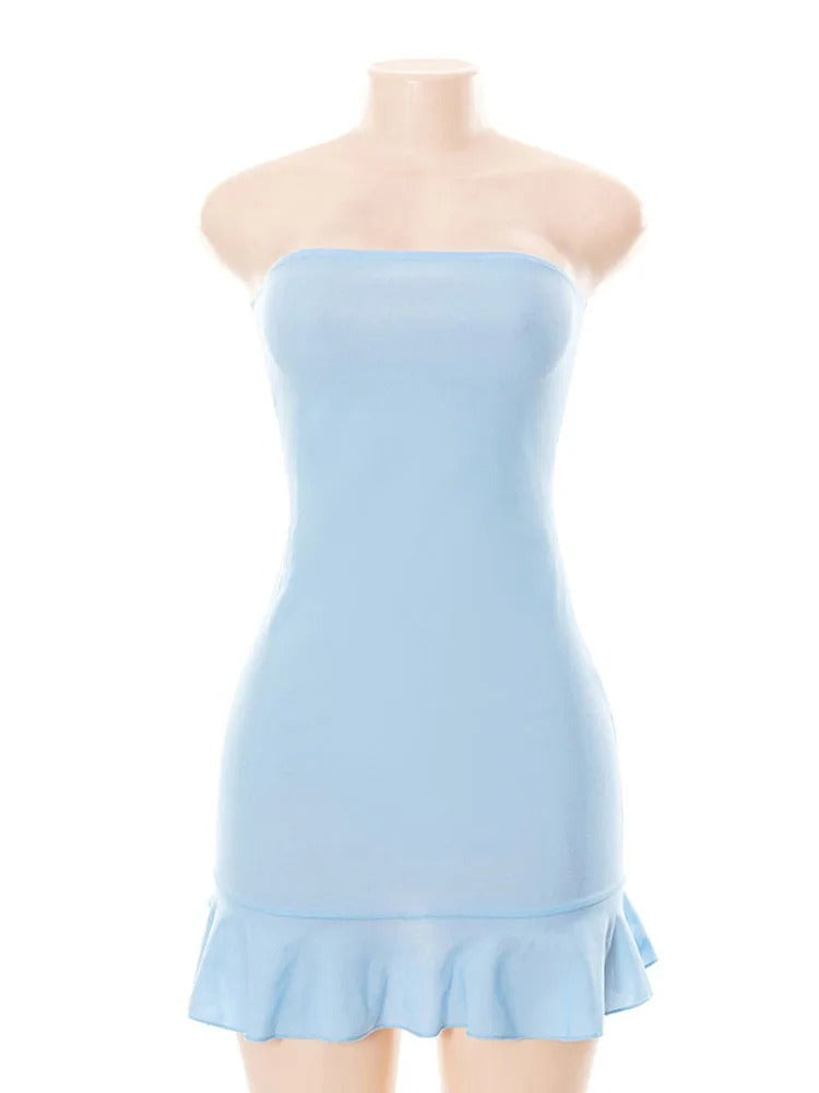 Off Shoulder Pleated Summer Mini Dress Solid Blue High Waist Strapless