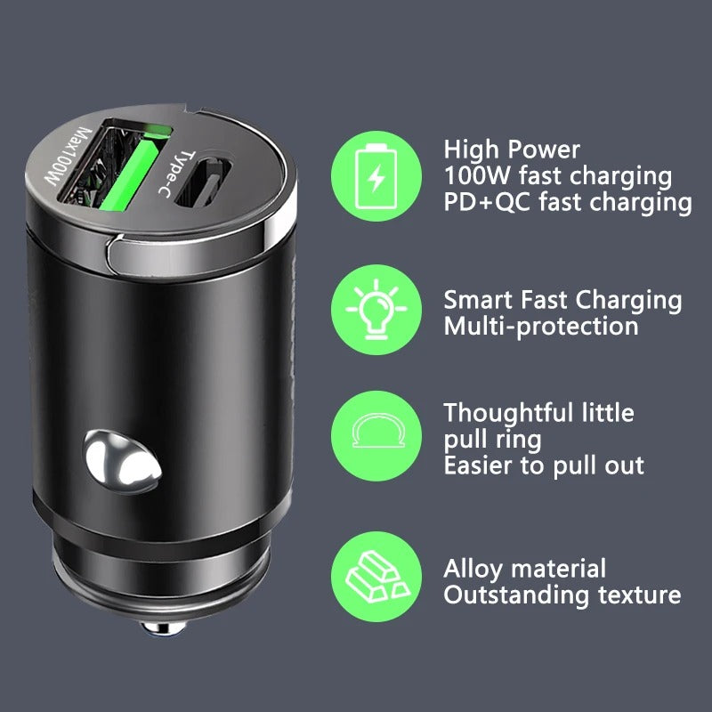 100W Mini Car Charger Lighter Fast Charging for iPhone ,Xiaomi ,Samsung and Huawei