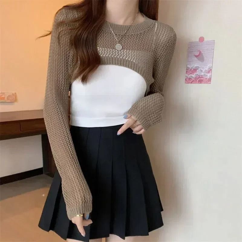 Women Crochet Knit Hollow Out Crop Top Long Flared Sleeve