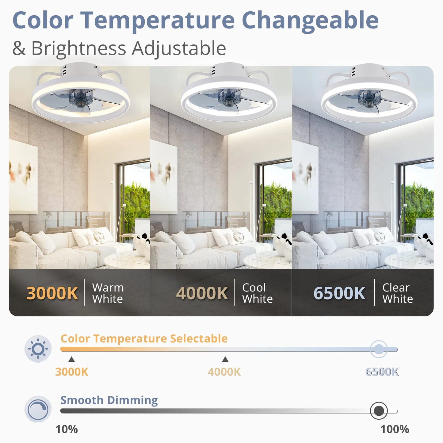 Modern LED ceiling fan with adjustable two-way blade timer and remote control tri-color