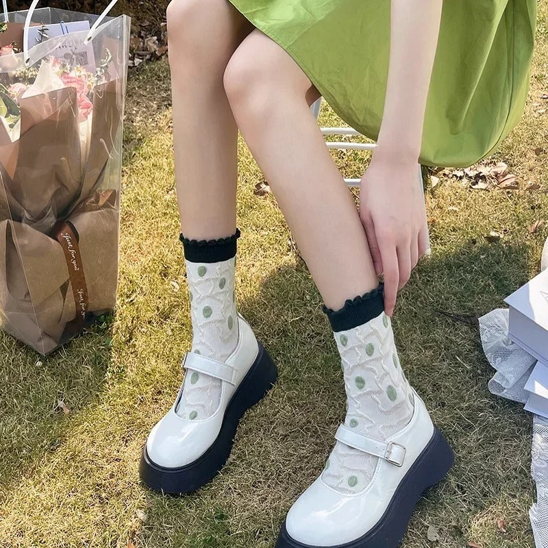 Women Socks Korean Japanese Style Cartoon Green Flower