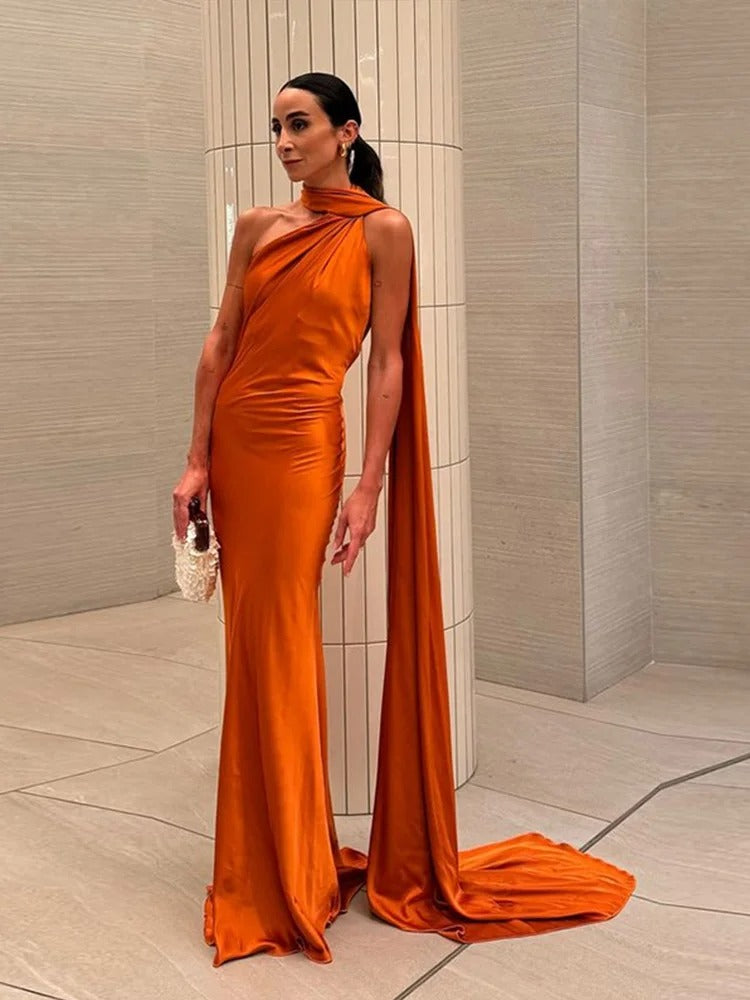 Sexy Satin Ribbon Party Dress Women Elegant Halter Backless