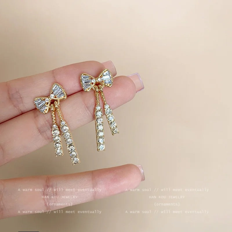 Gold Color Shiny Bow Stud Earrings For Women