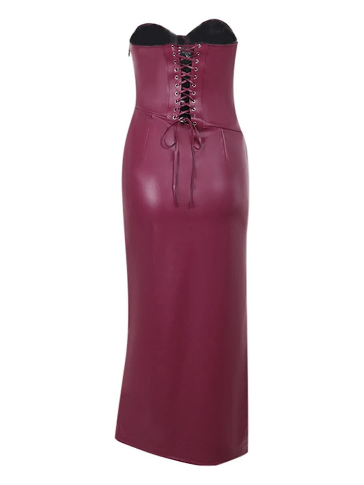 Slim Bra Midi Dress Women Vintage Leather Zipper Sleeveless