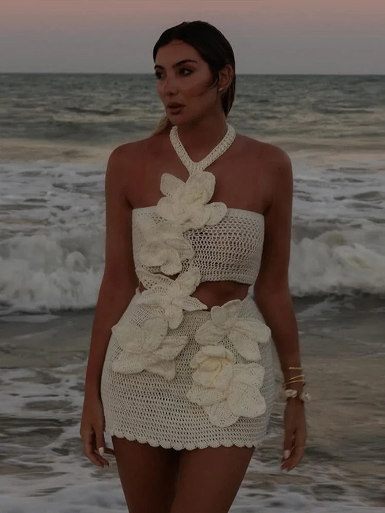 Knit 3D Flower Women Mini Dress Sexy Hollow Out Sleeveless