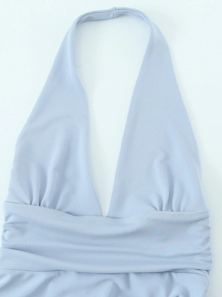 Women Fashion Gathered Mini Dress Halter Neck Backless