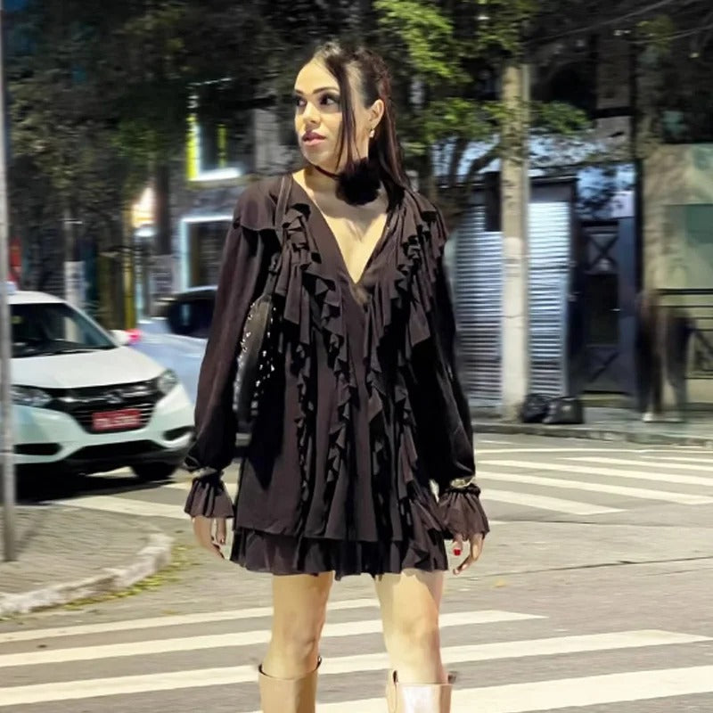 Ruffle Short Dresses 2025 Woman Pleated Long Sleeve Women's