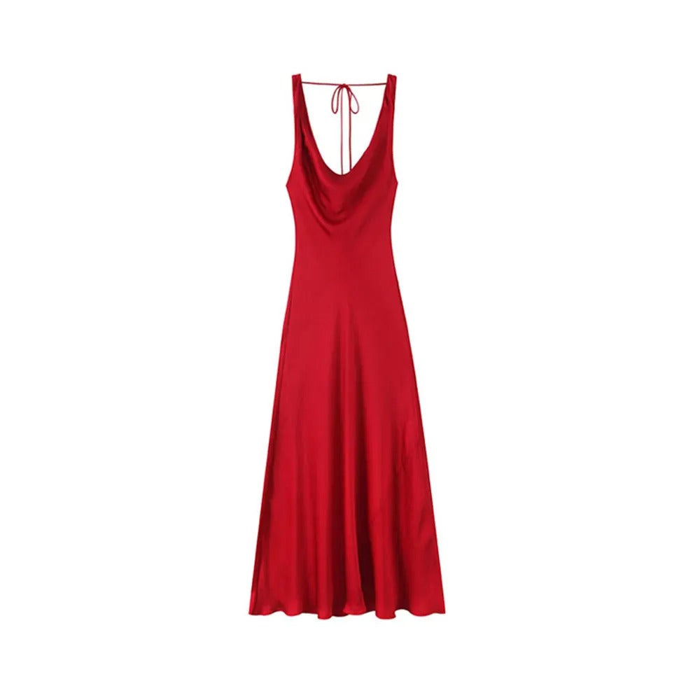 Asymmetric Long Dress for Women V-Neck Wide Strap Back