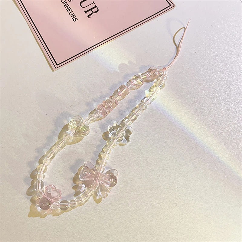 Korean Pink Bear Butterfly Flower Phone Strap Charm Chain Knot