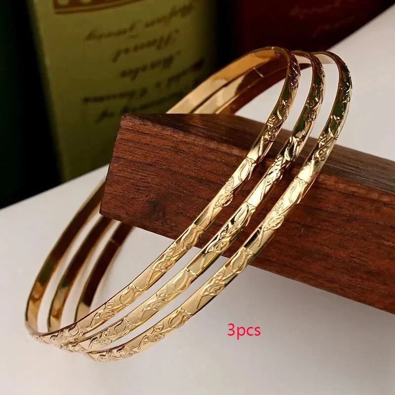 Slim Metal Bangles Gold Plated Carved Flower
