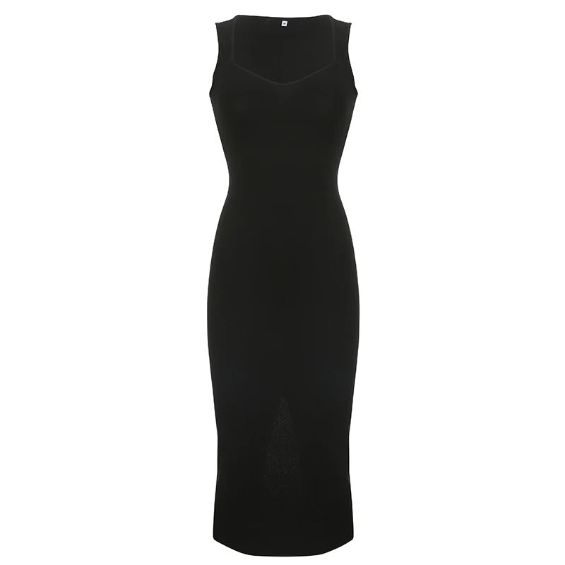 Basic Knit Long Dress Korean Fashion Square Collar Sleeveless