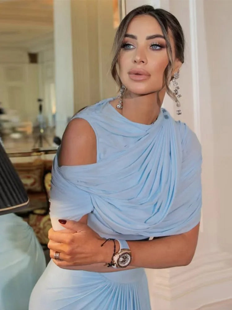 Shawl Long Dress Women Elegant Asymmetrical Chiffon Pleat Slim