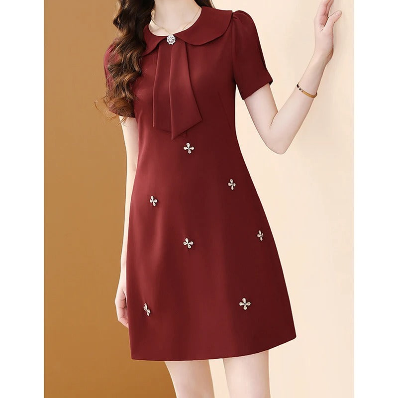 Woman Peter Pan Collar Solid Color Zipper A-line Skirt Light