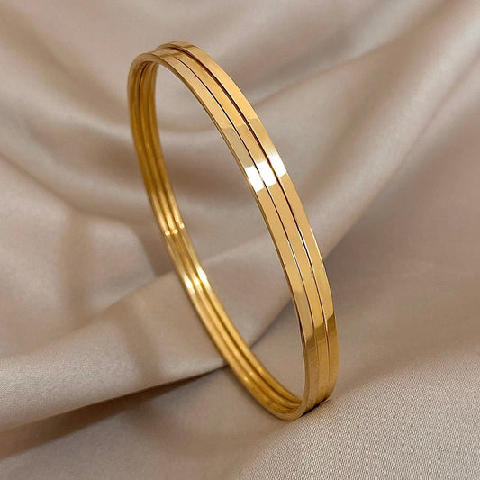 3pcs Glossy 18K Gold Plated Stainless Steel Bangle Bracelet
