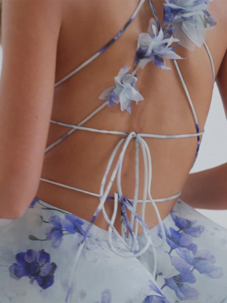 Backless Party Dress Women Elegant 3D Flower Print Sling