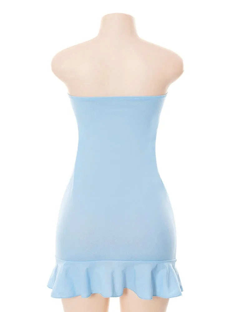 Off Shoulder Pleated Summer Mini Dress Solid Blue High Waist Strapless