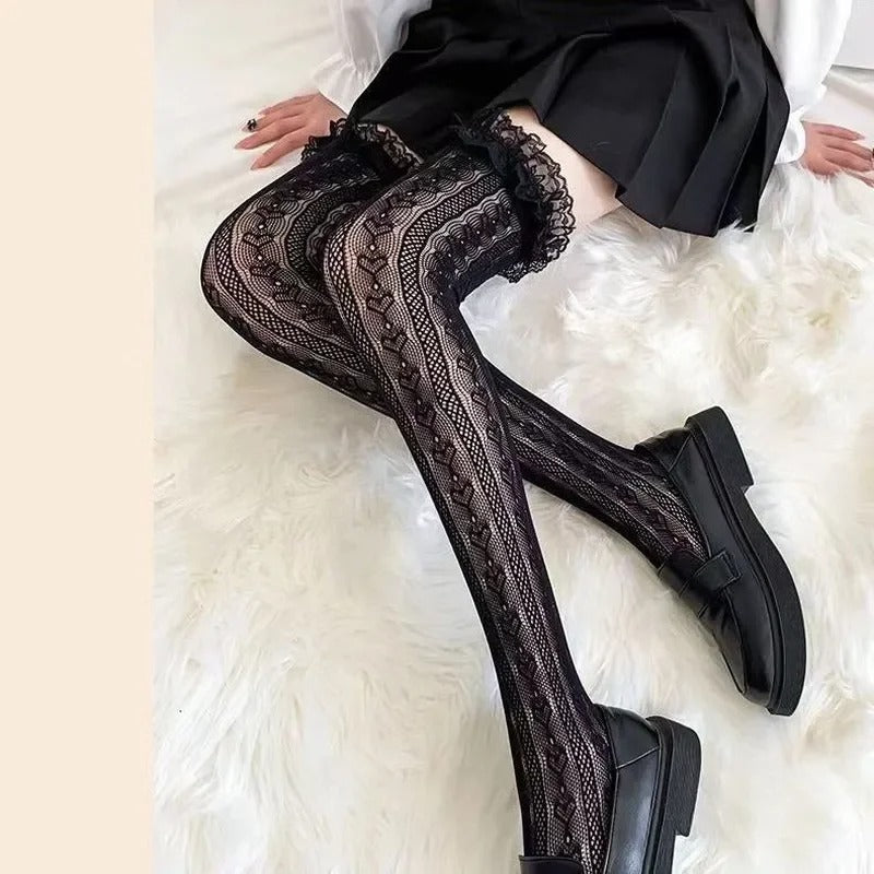 Women Sexy Lace Top Floral Rattan Fishnet Stockings