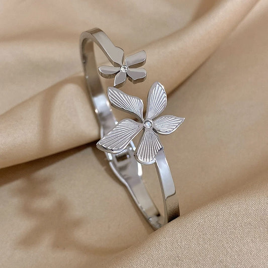Stainless Steel Double Flower Cuff Bracelet Bangle