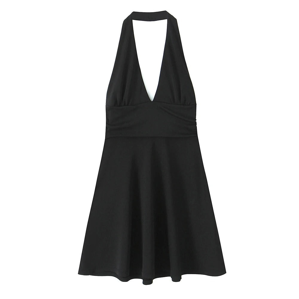 Women Fashion Gathered Mini Dress Halter Neck Backless