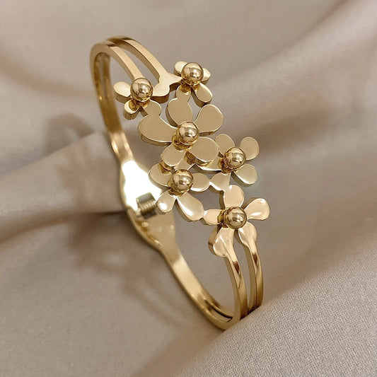 Stainless Steel Double Flower Cuff Bracelet Bangle