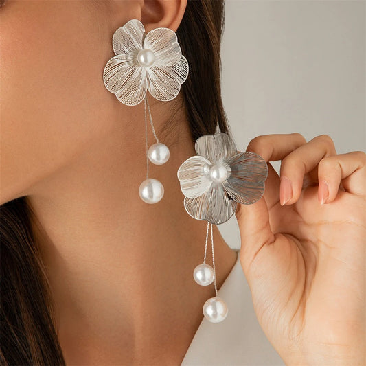 Fashion Large Flower Earring with Pearl Pendant