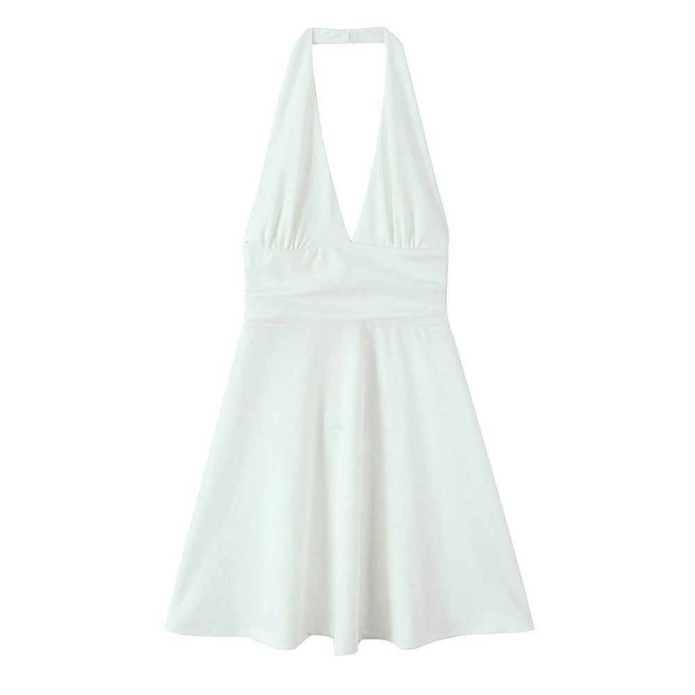 Women Fashion Gathered Mini Dress Halter Neck Backless