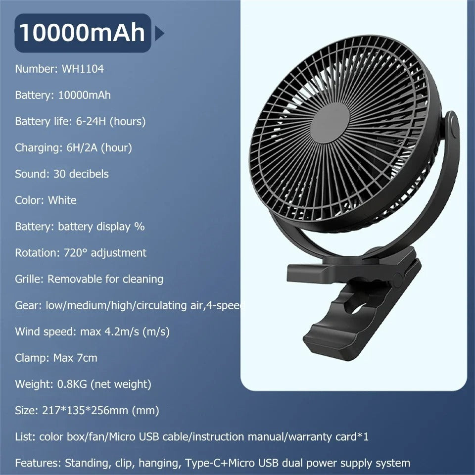 USB Charging Home Room Table Wireless Electric Fan 10000mAh Battery Outdoo