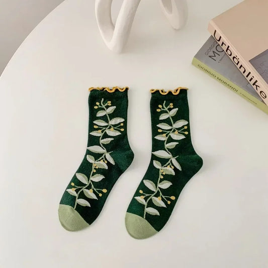 Women Socks Korean Japanese Style Cartoon Green Flower