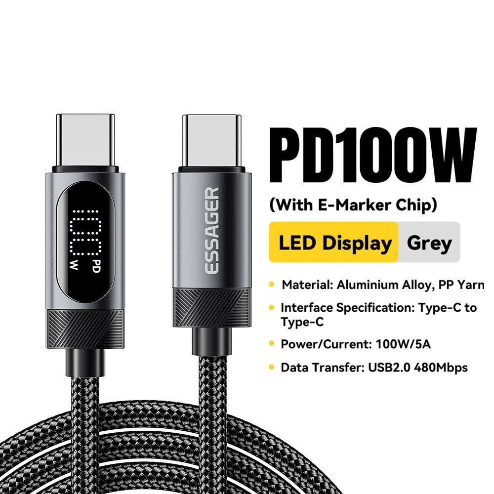 Digital Display USB C Cable For iPhone, Huawei 100W PD Fast Charging