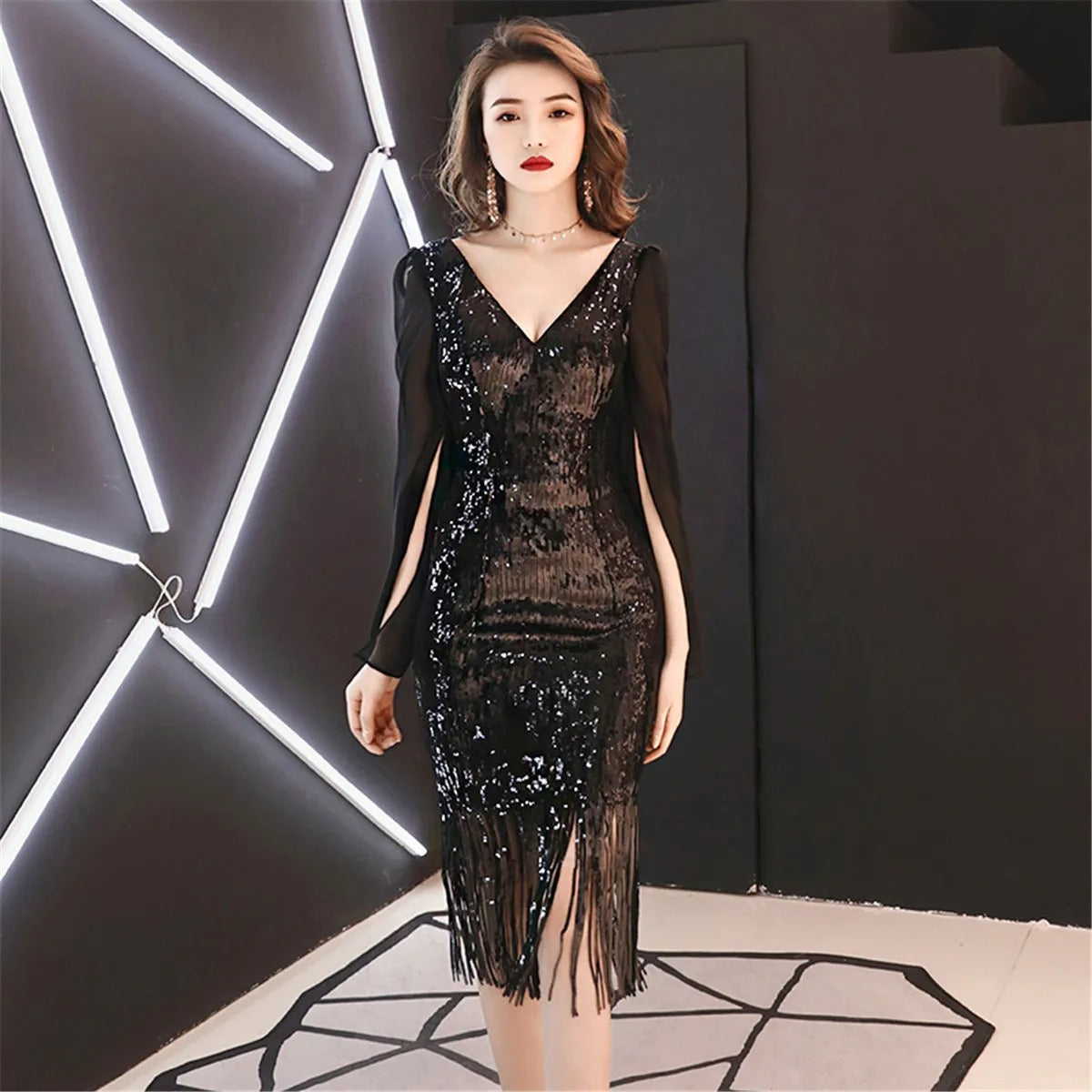 Party 2024 New Women's Black Sequin Dress Elegant Long Chifon